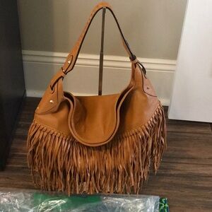 OrYANY NWT Fringe Saddle Brown Leather Shoulder Bag W/Dustbag